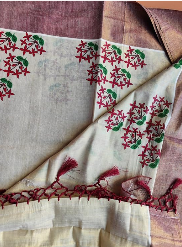 Kuthampully Women's Kasavu Saree Printed Tissue Saree with Blouse